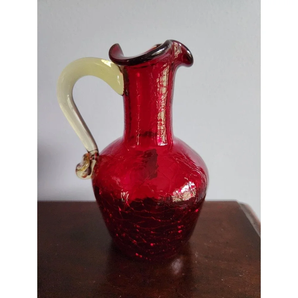 Vtg Pilgrim Handmade Crackle Ruby Red‎ Glass Gold Handled Pitcher Vase Sticker